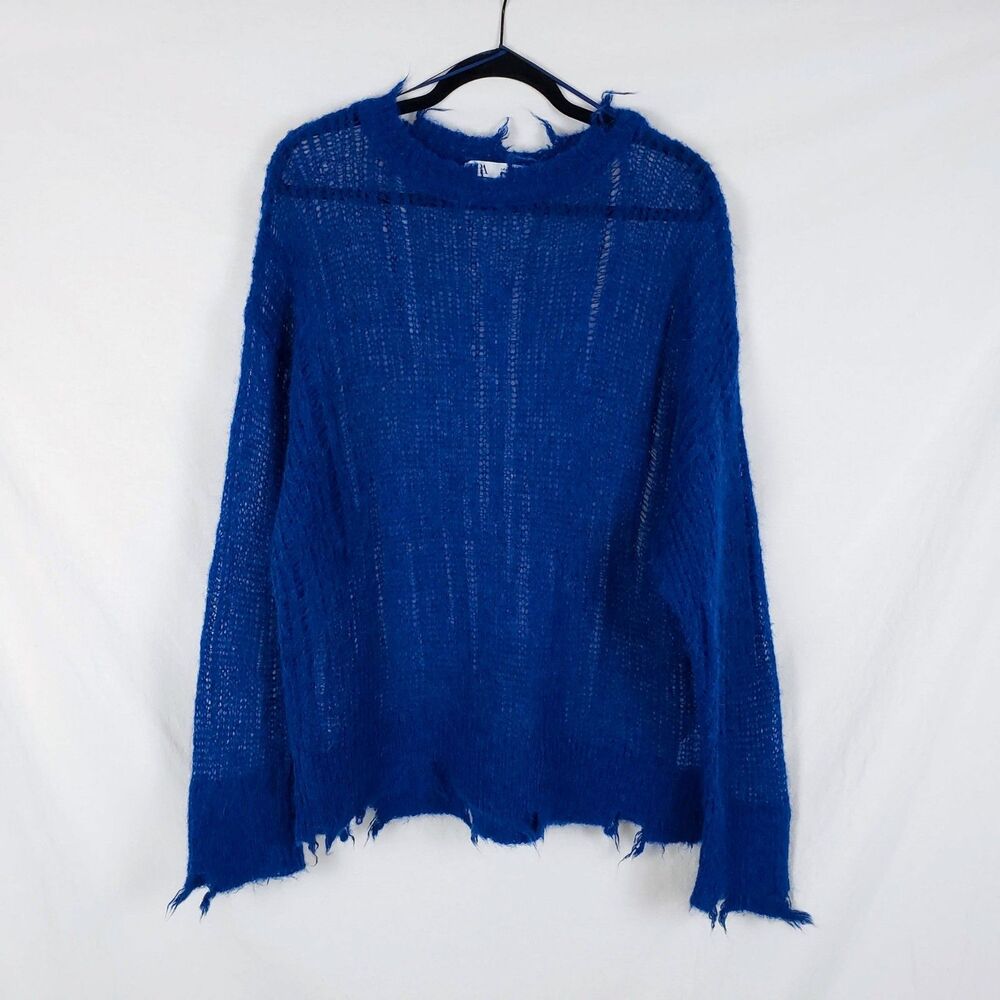 Zara Cobalt Blue Alpaca Wool Distressed Open Knit Sweater Womens M Indie Grunge